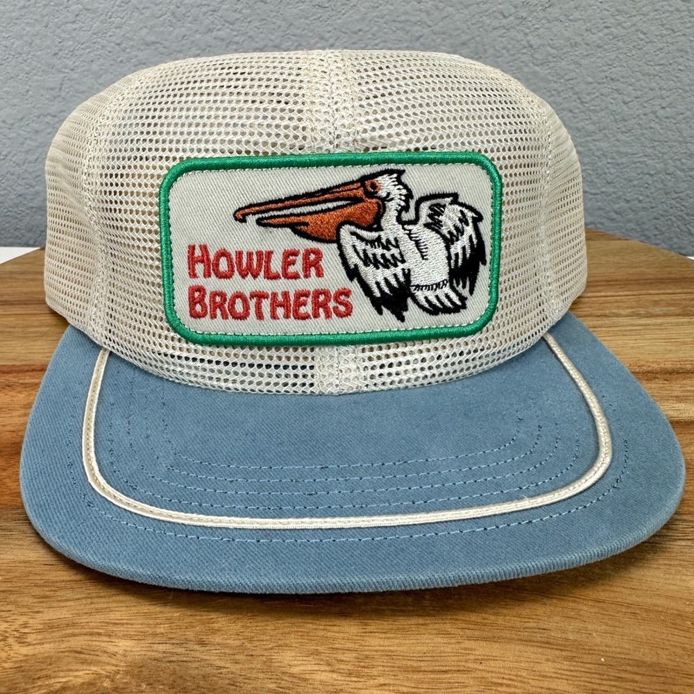 Howler Brothers Feedstore Pelican Badge Mesh Trucker Hat Blue Tan Snapback Cap